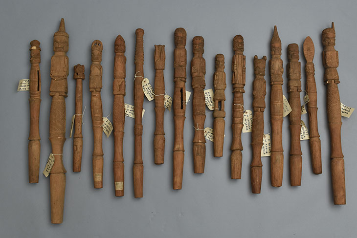 Selection of ukhurhe rattle staffs commissioned to be made by Northcote Thomas in Benin City, Nigeria, in 1909.