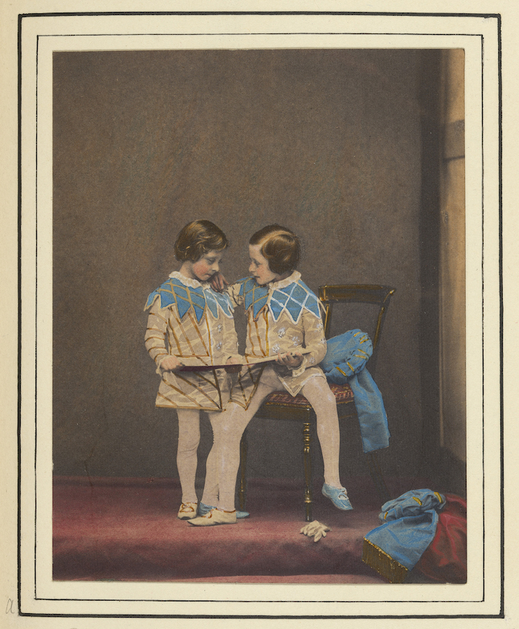 Hand-coloured photograph of Prince Arthur and Prince Leopold in the costume of the sons of King Henry IV (1857), commissioned by Queen Victoria and Prince Albert (photo taken by Leonida Caldesi). 
