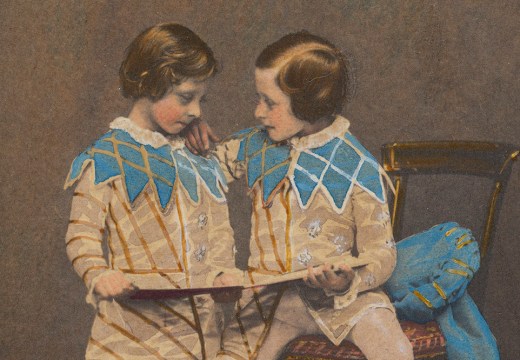 Hand-coloured photograph of Prince Arthur and Prince Leopold in the costume of the sons of King Henry IV (detail; 1857), commissioned by Queen Victoria and Prince Albert (photo taken by Leonida Caldesi).