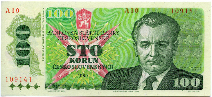 A 100-kroner note, issued in Czechoslovakia on October 1, 1989. 