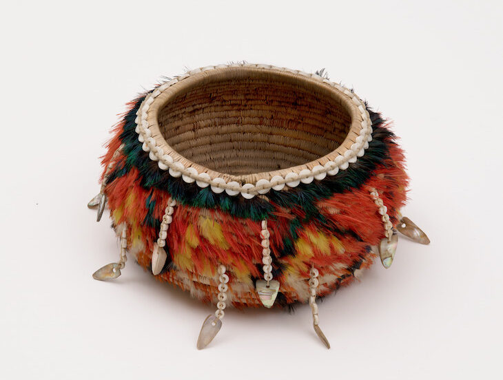 Fully feathered three-rod coiled basket (c. 1900), Ethel Jamison Bogus.