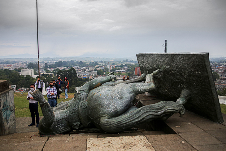 The statue of Sebástian de Belalcázar in Popayán, Colombia, after it was pulled down on 16 September 2020.