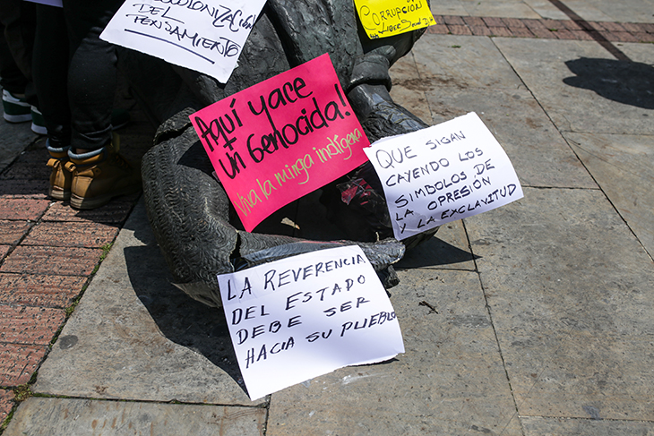 The statue of Gonzalo Jimenez de Quesada after it was torn down by members of indigenous groups in Bogota, Colombia on 7 May, 2021.