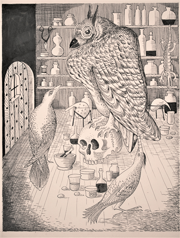 Large owl from ‘The Woodpecker in the Gale’ (in Mr Postlethwaite’s Reindeer) (1945), Richard Chopping. Private collection.
