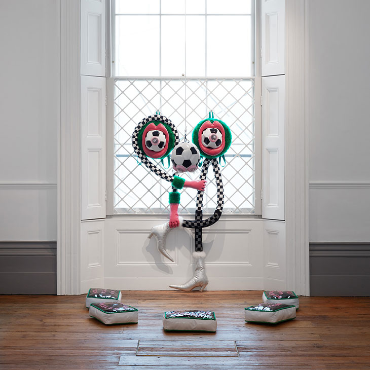 Pre-Match Ritual and Team Building Exercise (both 2021), Rosie Gibbens, installation view, ‘Balls’, OOF Gallery, London, 2021.