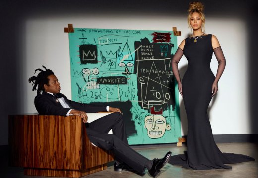 Jay-Z and Beyoncé pose with Basquiat’s ‘Equals Pi’ (1982) in Tiffany’s ‘About Love’ campaign.