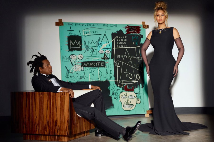 Jay-Z and Beyoncé pose with Basquiat’s ‘Equals Pi’ (1982) in Tiffany’s ‘About Love’ campaign.