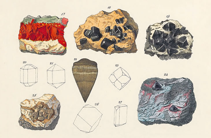 The Mineral Kingdom (1859), Johann Gottlob Kurr. ‘Greyish Blue’ is visible on the iron ore (bottom row, right)