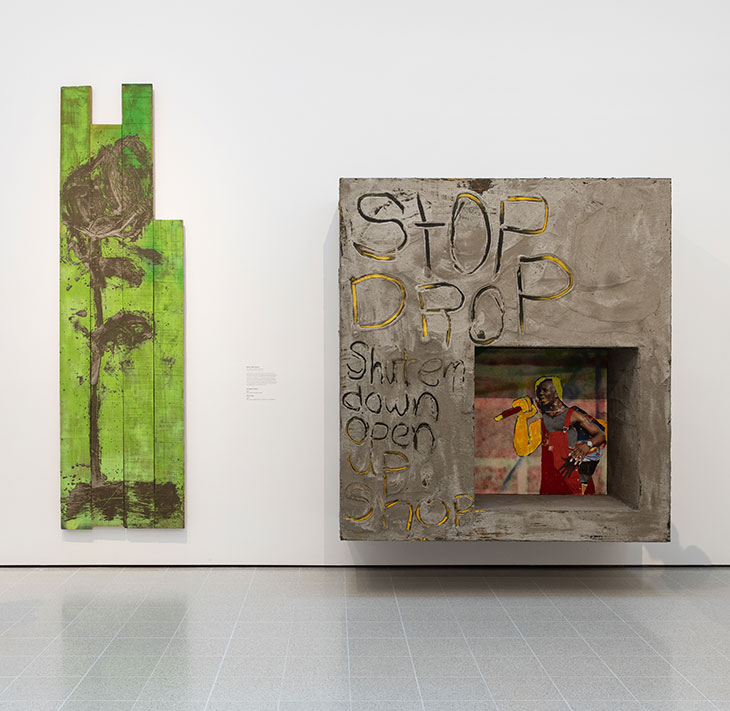Installation view of ‘Mixing It Up: Painting Today’ at the Hayward Gallery, London, 2021. On the left is Alvaro Barrington’s A Rose for Rose (2021); on the right his Stop Drop (2021).