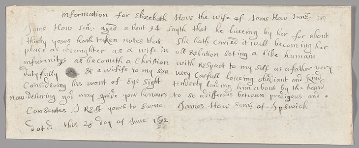 Statement of James How Sr. for Elizabeth How, 28 June 1692. Phillips Library, on deposit from the Massachusetts Supreme Judicial Court Archives.