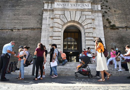 Visitors showing their ‘green pass’ at the Vatican Museums in August 2021.