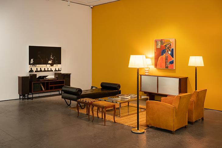 Installation view of ‘Sam Nhlengethwa: Jazz and Blues at Night’ at Goodman Gallery, London, 2021.