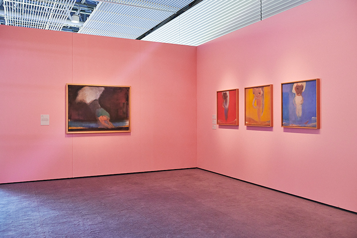 Installation view of 'Usagi in Wonderland' at the Sainsbury Centre, with canvases from 1996–99