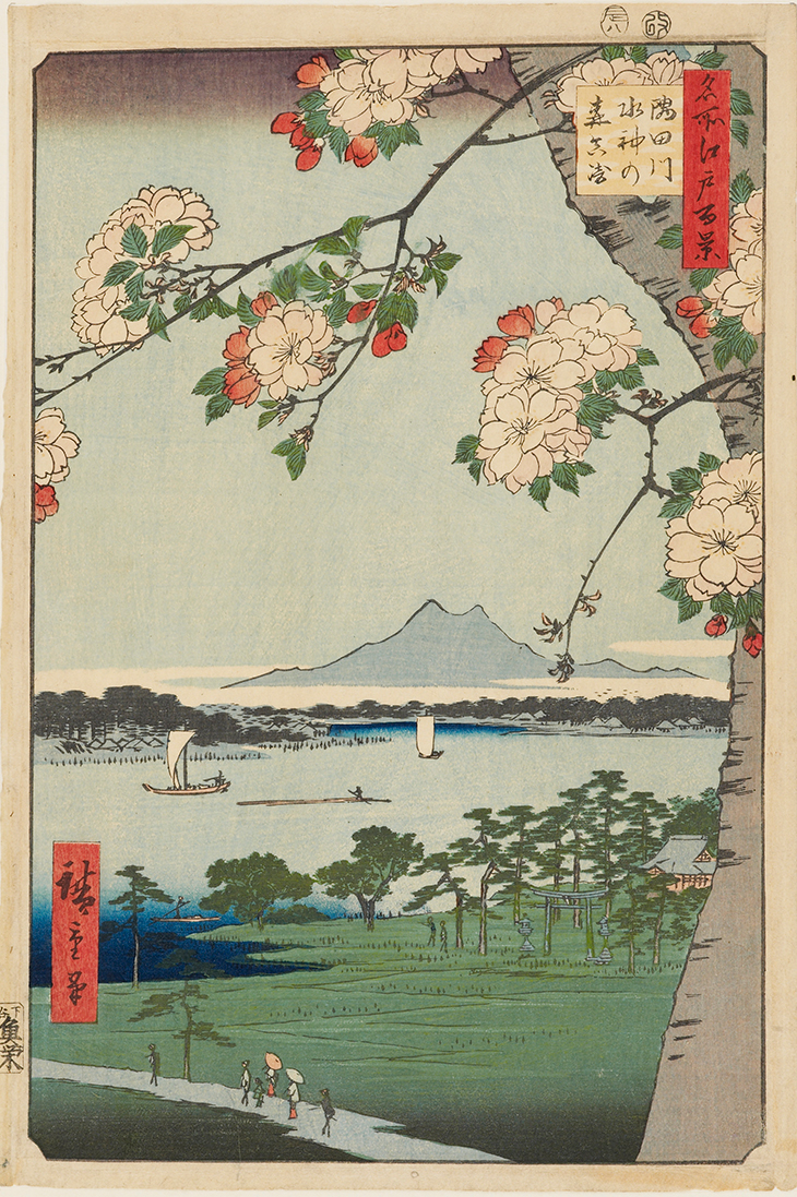 The Suijin Woods and Massaki on the Sumida River, from the series One Hundred Famous Views of Edo (1856), Hiroshige. 