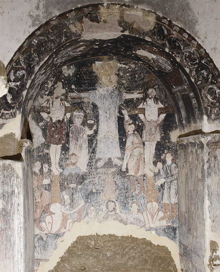 Fresco of the Crucifixion in a cave church at Sabereebi.