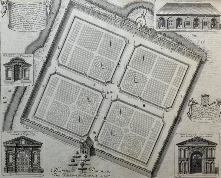 Engraving of the Oxford Physic Garden, England , David Loggan, printed in Oxonia Illustrata (1675). Science Museum Group Collection.