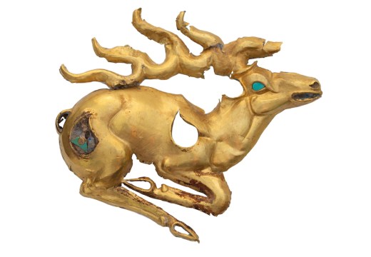 Gold recumbent stag plaque with inlays of turquoise and lapis lazuli (eighth–sixth century BC), discovered at the Eleke Sazy burial complex in Kazakhstan