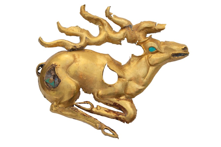 Gold recumbent stag plaque with inlays of turquoise and lapis lazuli (eighth–sixth century BC), discovered at the Eleke Sazy burial complex in Kazakhstan