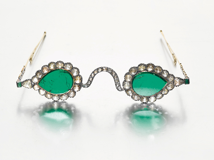 A pair of Mughal spectacles with emerald lenses in diamond-mounted frames (lenses c. 17th century; frames c. 19th century). Sotheby's