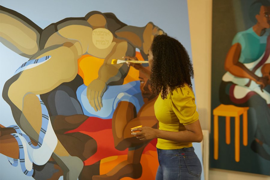Nirit Takele painting ‘Human Pyramid (Last Bloom in July)’ (2021).