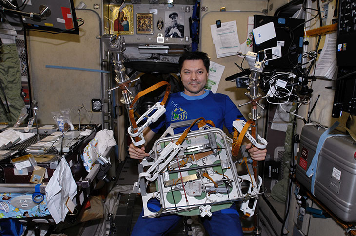 Russian cosmonaut Oleg Kononenko in the Zvezda Service Module of the International Space Station in 2012.