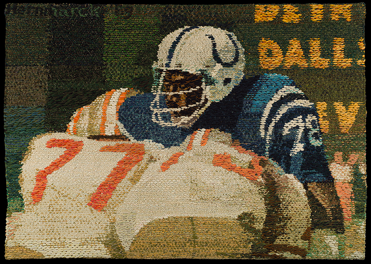 Textile depicting Bubba Smith of the Baltimore Colts (1969(, Helena Hernmarck. 