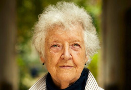 Sheila Hicks photographed in the courtyard outside her studio in Paris in August 2021.