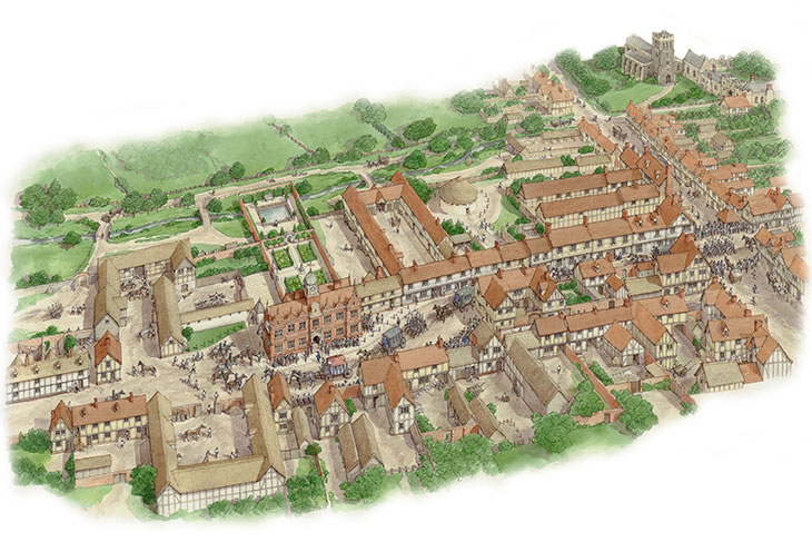 Royston town centre as it may have been in c. 1620, reconstructed by Simon Thurley and drawn by Stephen Conlin