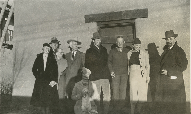 Members of the Transcendental Painting Group and friends, photographed in Taos, New Mexico, in November 1938. From left to right: Bess Harris, R.S. Horton, Mayrion Bisttram’s mother, Lawren Harris, Mayrion Bisttram, Robert Gribbroek, Emil Bisttram, Isabel McLaughlin, Raymond Jonson.
