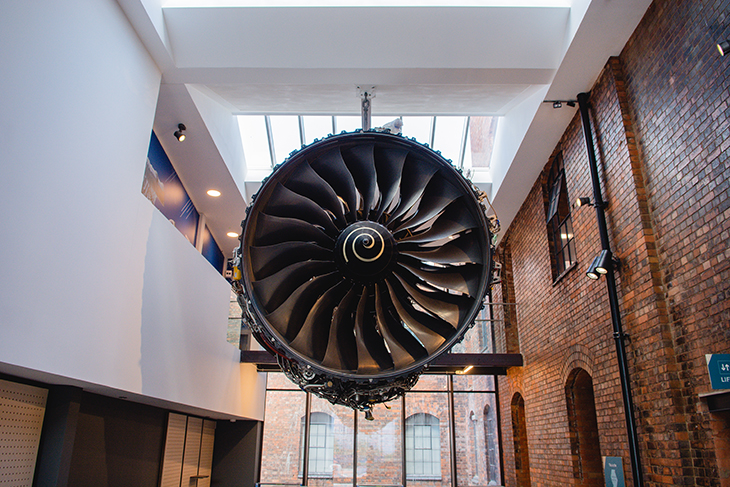 The Rolls Royce Trent 1000 engine in the Civic Hall at the Museum of Making.