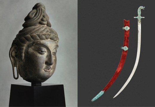 Dry lacquer head of a bodhisattva, Tang dynasty (8th century) (left); an exceptional Indian sword or shamshir (early 19th century) (right).
