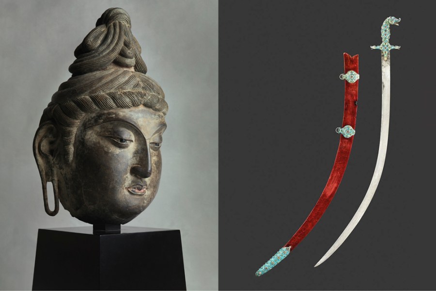Dry lacquer head of a bodhisattva, Tang dynasty (8th century) (left); an exceptional Indian sword or shamshir (early 19th century) (right).