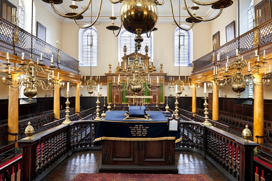 A view of the reader's desk inside the bimah in Bevis Marks Synagogue in 2015.