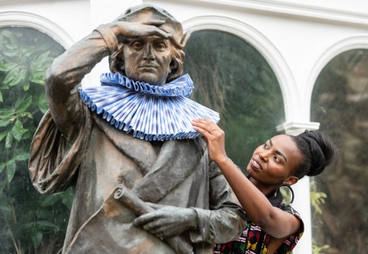 The statue of Christopher Columbus outside Sefton Park Palm House, redressed by the fashion designer Taya Hughes.