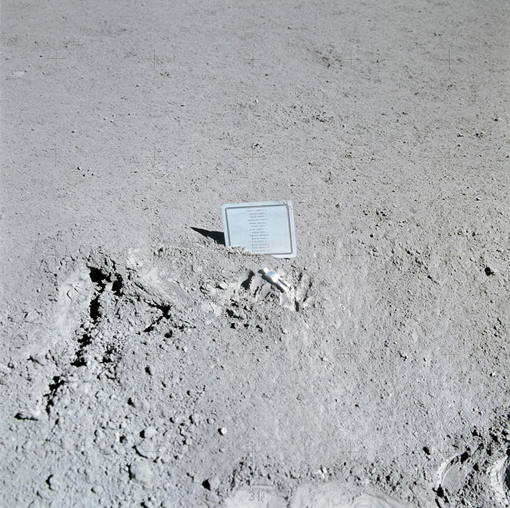 A view of Fallen Astronaut (1971) by Paul Van Hoeydonck, installed on the Moon at the Hadley-Apennine landing site.