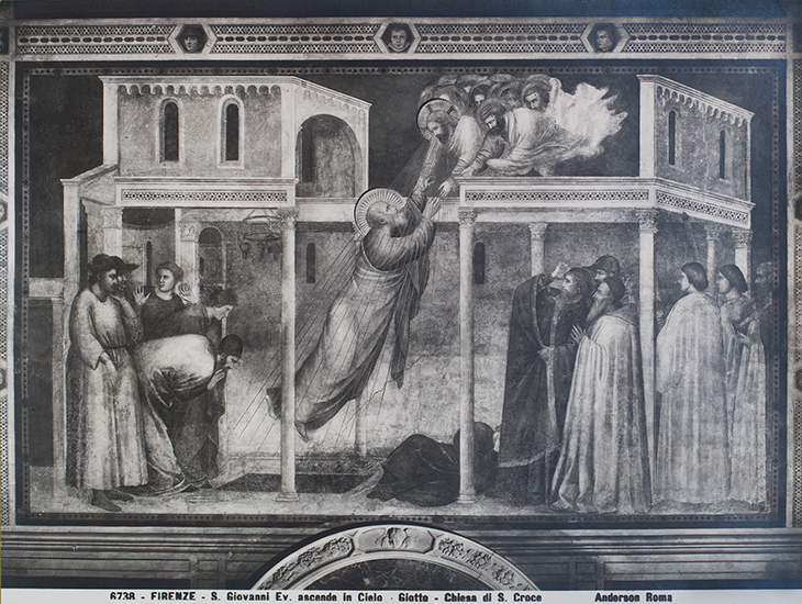 Nineteenth-century photograph of The Ascension of St John the Evangelist int he Peruzzi Chapel, as restored by Antonio Marini in 1848