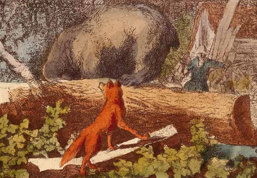 A 17th-century etching of Bruin the Bear and Reynard the Fox by Allart van Everdingen, reprinted with added colour in an 1846 edition of Henry Cole's Pleasant History of Reynard the Fox.