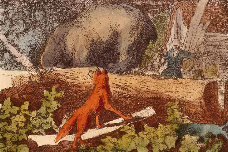A 17th-century etching of Bruin the Bear and Reynard the Fox by Allart van Everdingen, reprinted with added colour in an 1846 edition of Henry Cole's Pleasant History of Reynard the Fox.