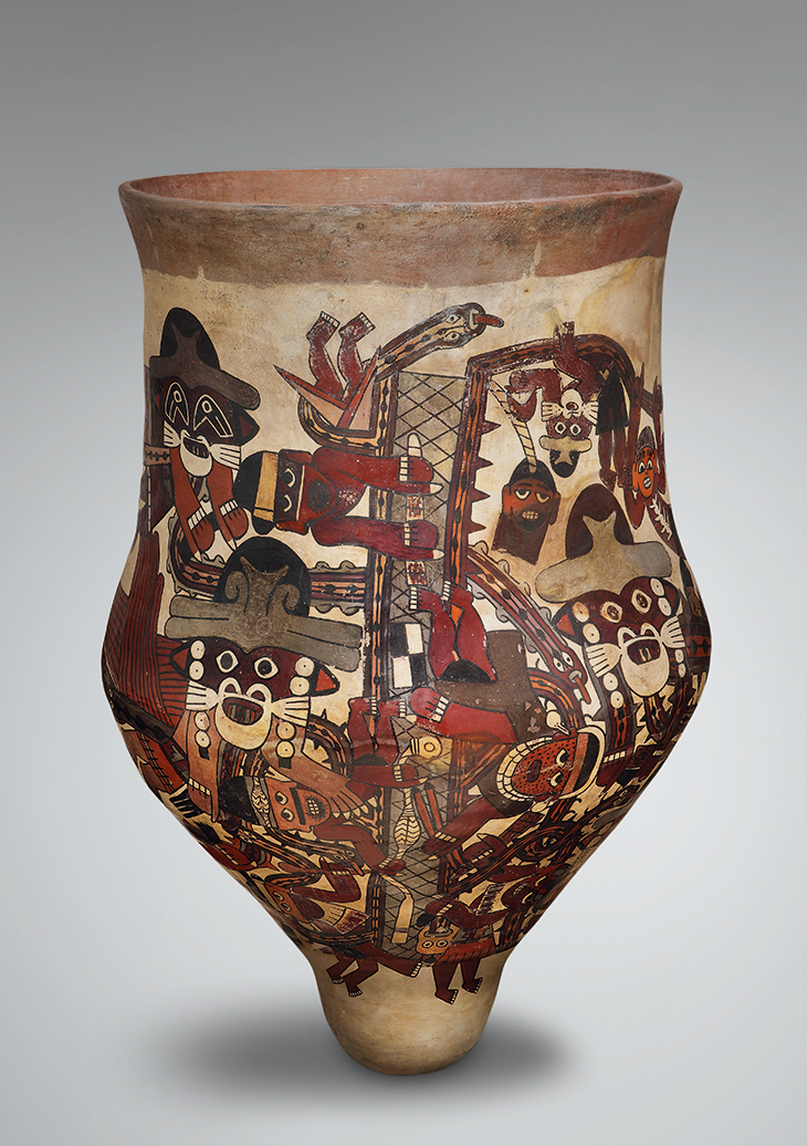 Ceremonial pottery drum depicting a mythical scene (100 BC–650 AD), Nasca, Peru. 