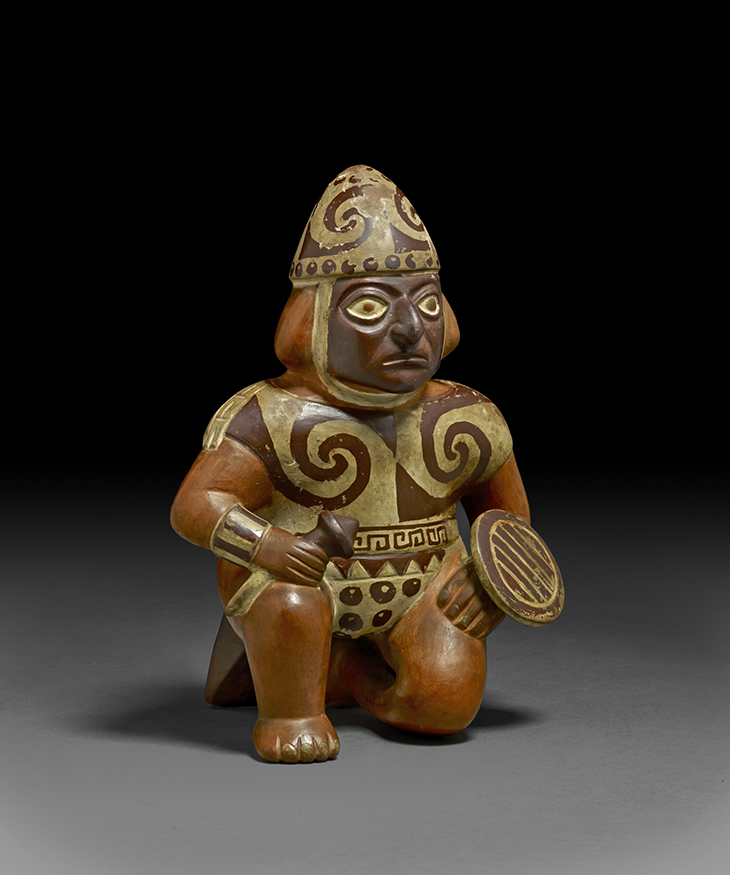 Painted pottery vessel in the form of a warrior (100–600), Moche, Peru.