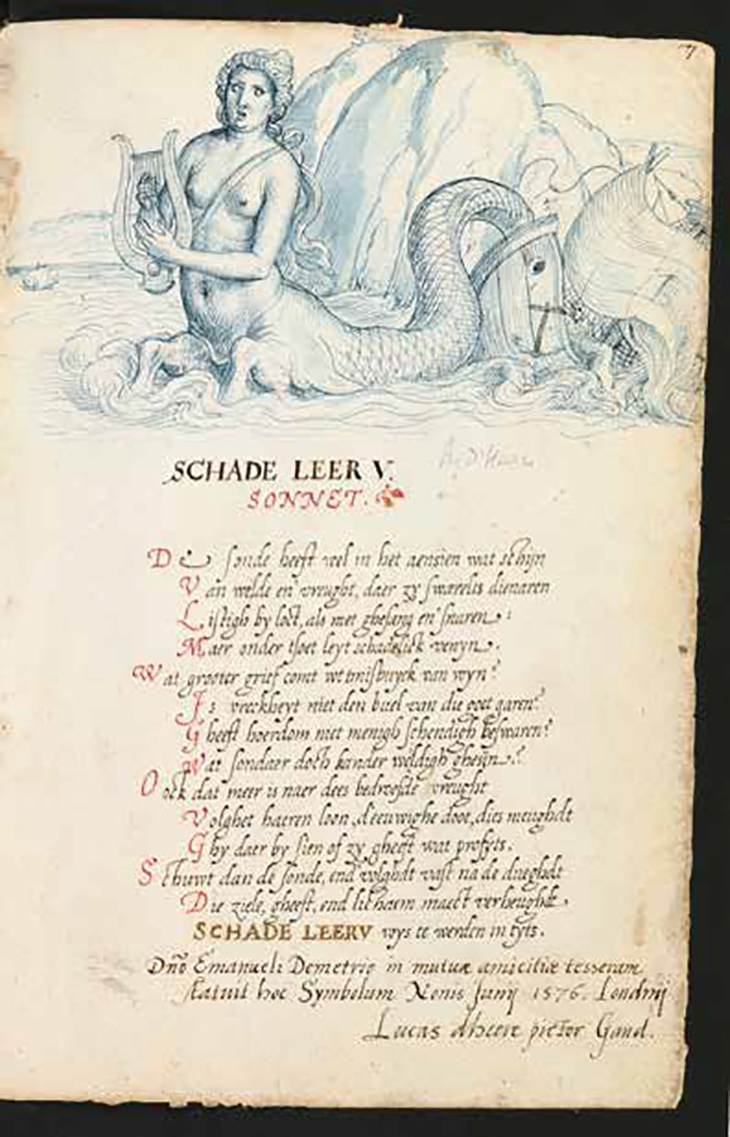 Drawing of a siren and a Dutch sonnet, made in London in 1576 by the artist Lucas de Heere, from Emanuel van Meteren’s album amicorum.