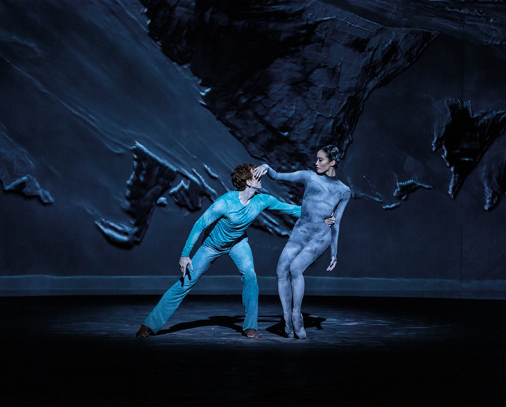 Fumi Kaneko and Edward Watson performing in The Dante Project (Inferno) at the Music Center, Los Angeles, in 2019, with set designs by Tacita Dean.