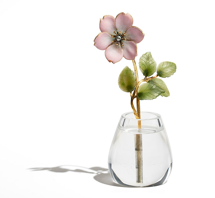 Painted enamel rose with nephrite leaves in a rock crystal pot (1917), Fabergé.