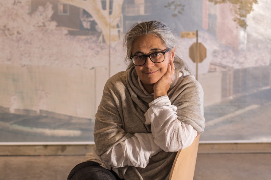 Tacita Dean, photographed in Frith Street Gallery’s Golden Square space in London, in October 2021. Behind her is one of the works in the Purgatory (2021) series.