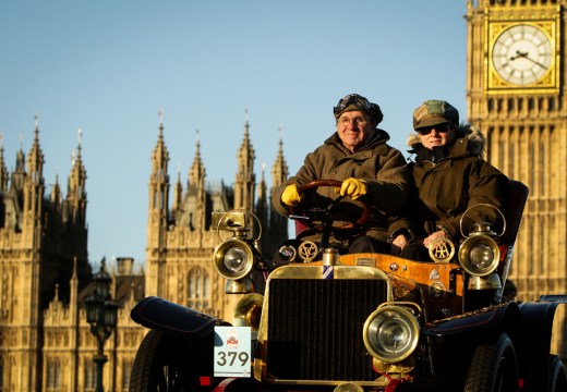 Participants driving over Westminster Bridge at the London to Brighton Veteran Car Run
