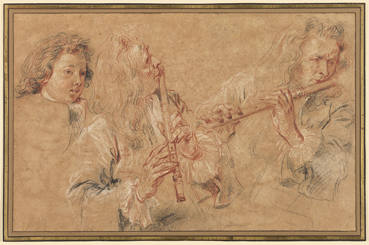 Two Studies of a Flutist and Study of a Head of a Boy (1716-1717), Jean Antoine Watteau. The J. Paul Getty Museum.
