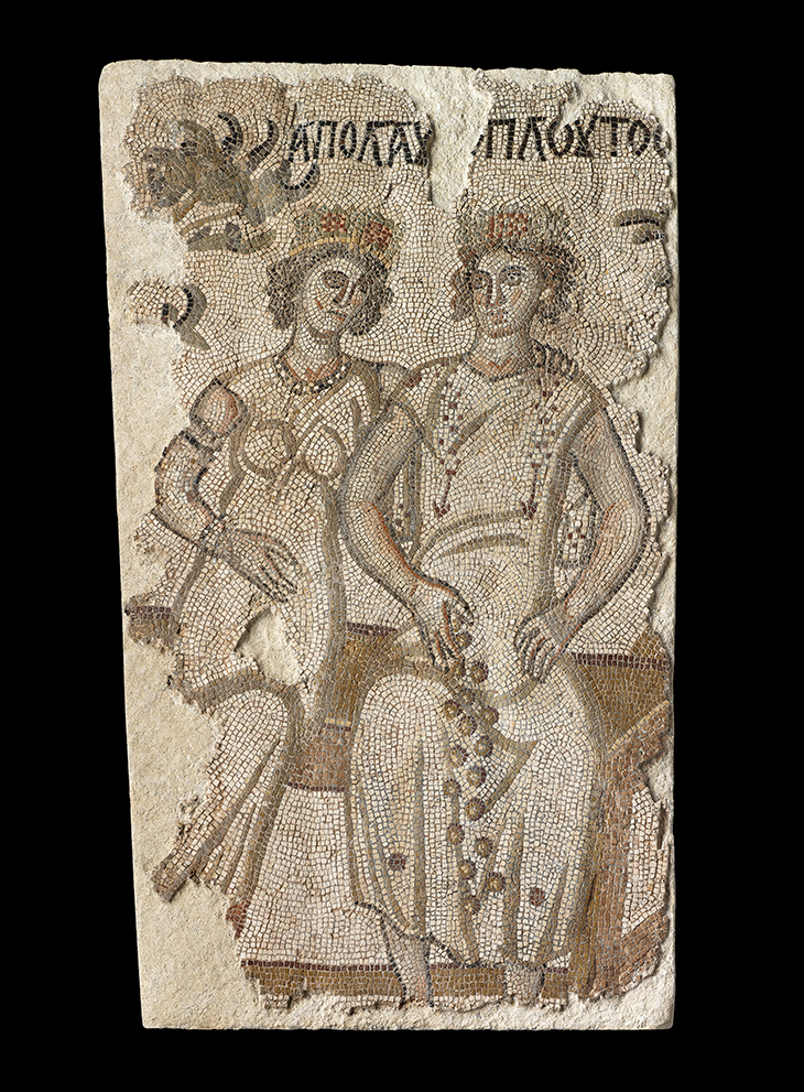 Mosaic with personifications of Pleasure and Wealth (6th century C.E.). 