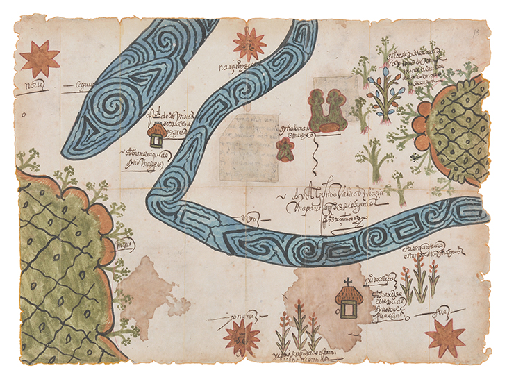 Facsimile of a 1573 map of Zolipa Misantla, Veracruz, in the collection of the Archivo General de la Nación, Mexico City. Facsimile (2021) by Tlaoli Ramírez Téllez. Courtesy the artist and LACMA; © Tlaoli Ramírez Téllez