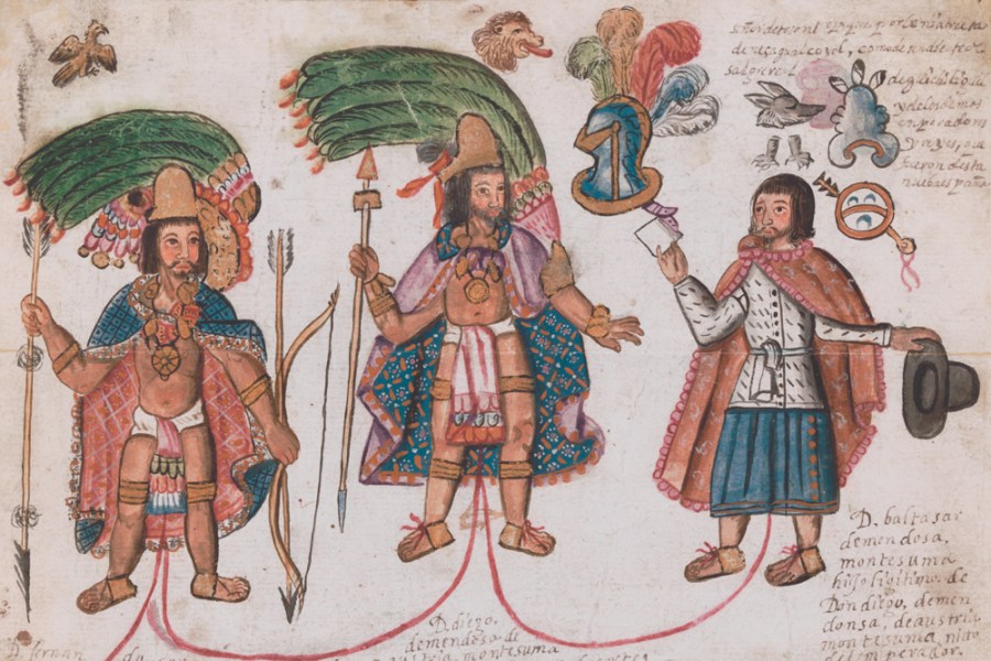 Detail of a facsimile of a 1791 genealogy of the House of Moctezuma, held in the Archivo General de la Nación in Mexico City. Facsimile (2021) by Tlaoli Ramírez Téllez. Courtesy the artist and LACMA; © Tlaoli Ramírez Téllez