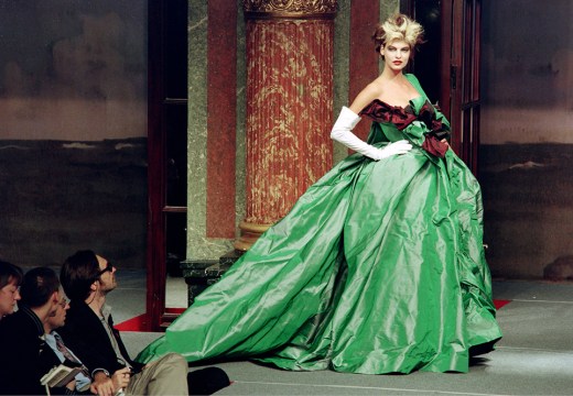 Linda Evangelista wearing a ‘Watteau’ evening gown in Vivienne Westwood’s 1996 Spring/Summer ready-to-wear collection, shown in Paris, October 1995.